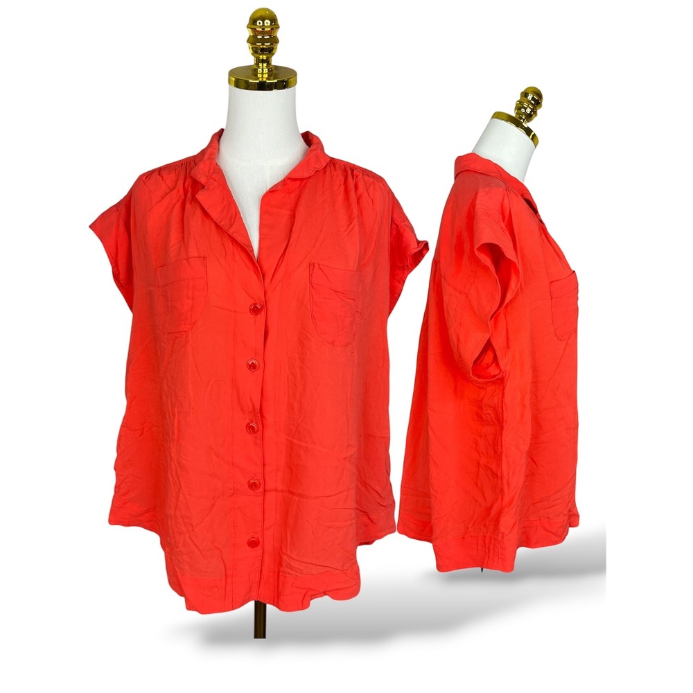 Maeve Anthropologie Coral Orange Button Down Short Sleeve Blouse Top Large